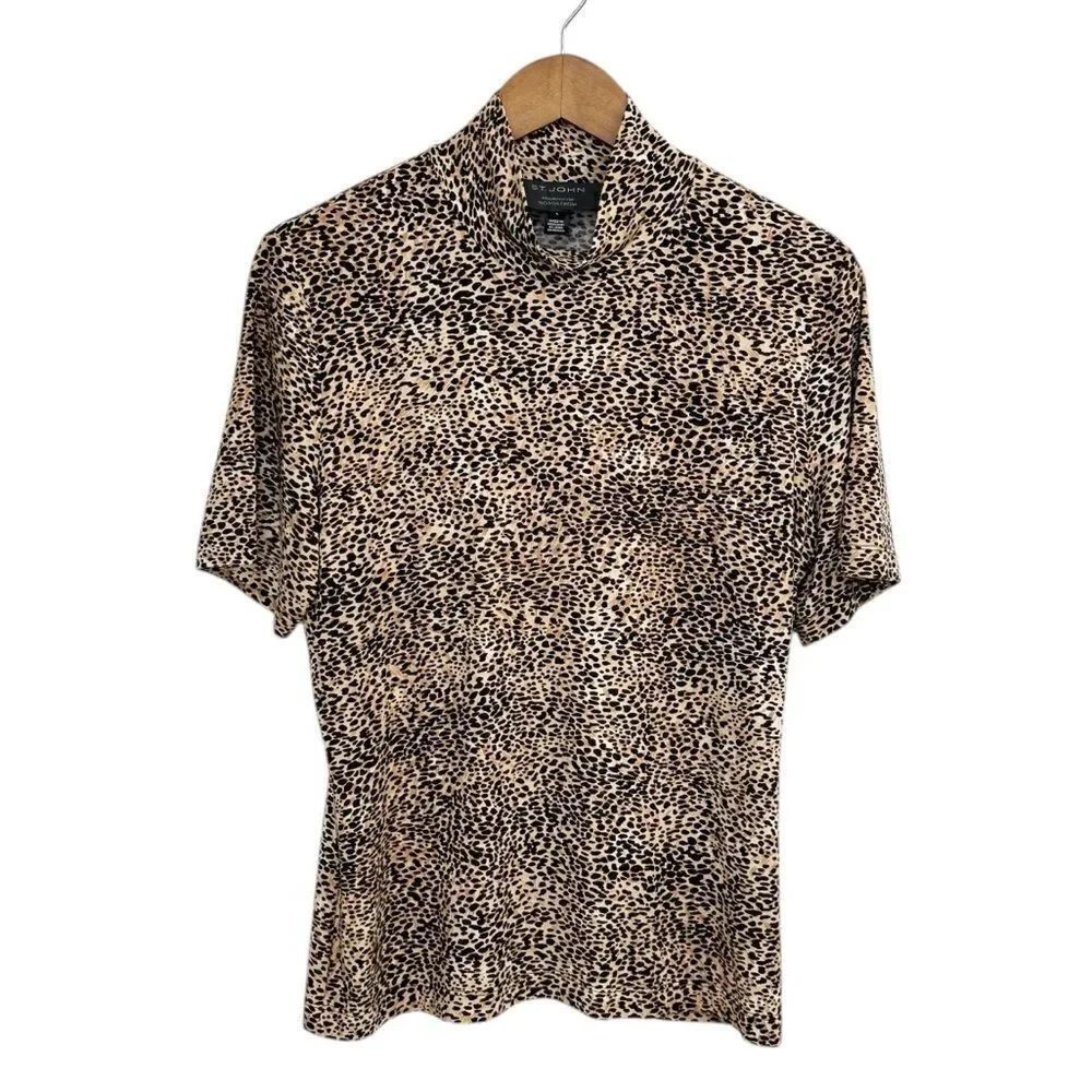 St. John Leopard Mock Neck Top Short Sleeve Size Large